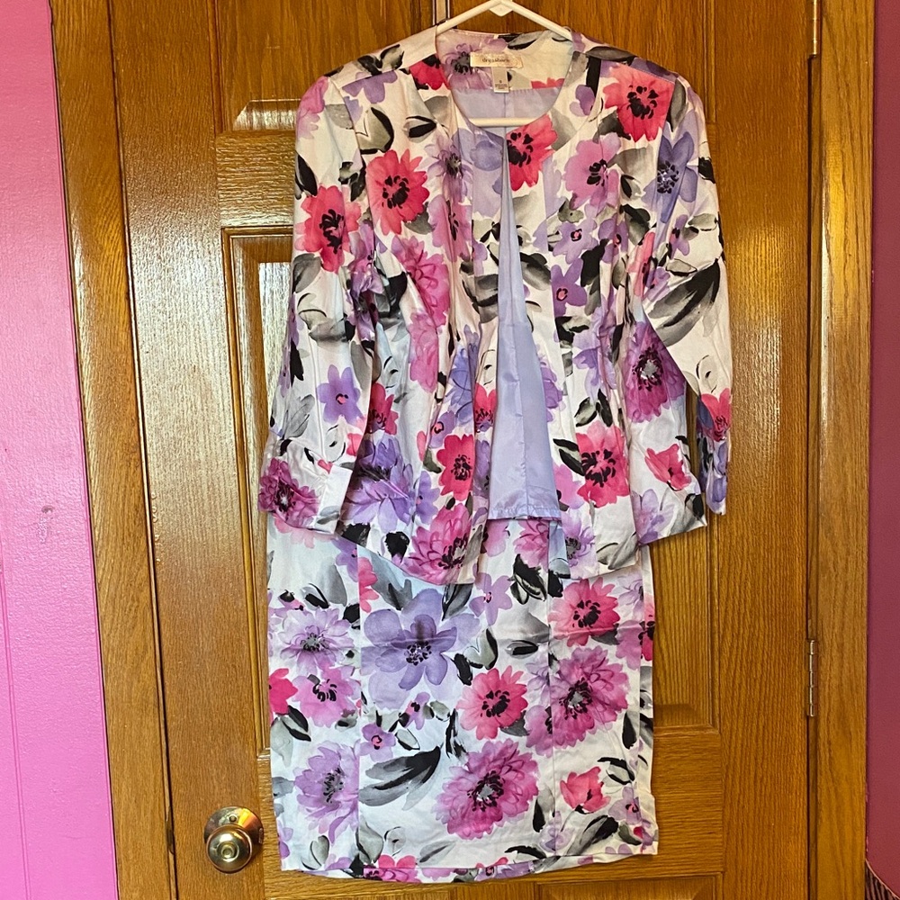 Dressbarn Floral Blazer and Skirt Set - Pink, Purple, Black